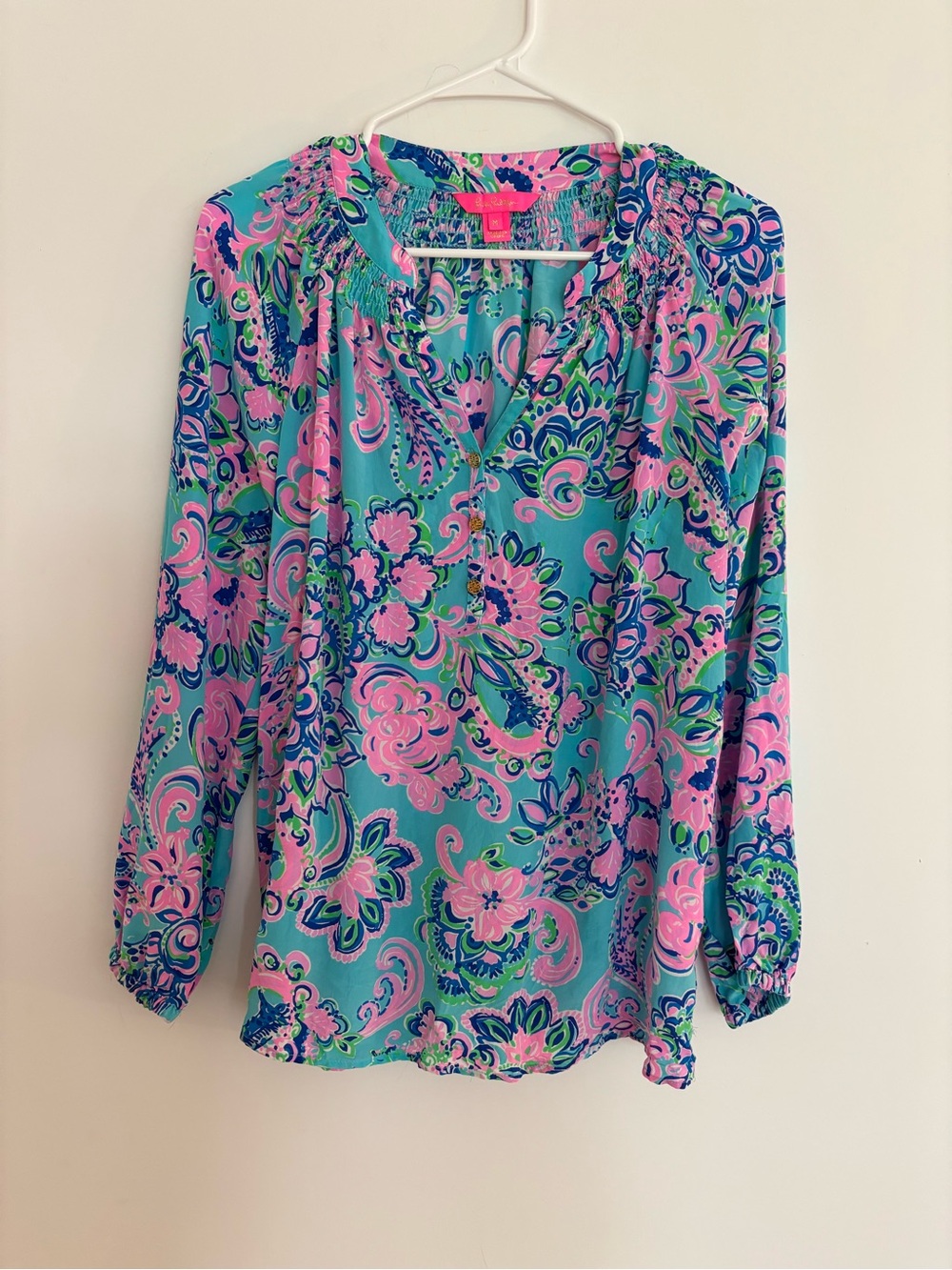 Lilly Pulitzer Turquoise Pink Floral Paisley Peasant Blouse